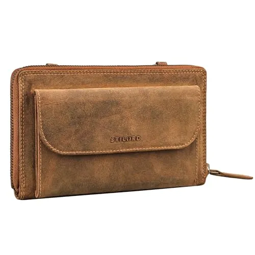 STILORD 'Monica' 4 in 1 Leder Geldbörse mit Handyfach Damen Clutch Geldbeutel zum Umhängen Schultertasche Klein Crossbody Portemonnaie für Frauen Handytasche Echtleder, Farbe:bergamo - braun