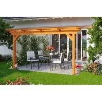 Skan Holz Terrassenüberdachung Ancona 434 x 350 cm aus Leimholz - Hochwertige Terrassenüberdachung aus stabilem Leimholz mit UV-reflektierenden Polycarbonatplatten. Ideal für wettergeschützte Entspannung im Garten.