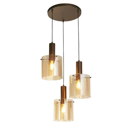 Searchlight Hängeleuchte Sweden 3-flammig - Elegante Hängeleuchte mit verstellbarer Höhe und 3 zylindrischen Schirmen aus Glas und Metall in Mokka und Bernstein. Ideal für stilvolle Akzente in jedem Raum.