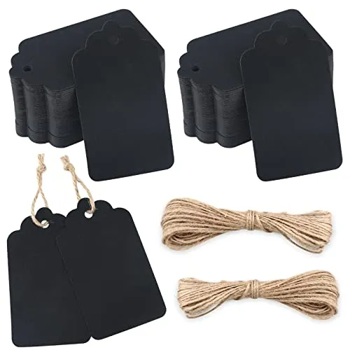 jijAcraft 100 Stück Kraftpapier Anhänger, Geschenkanhänger Etiketten 7x4 CM Anhängeetiketten mit Juteschnur, Schwarz Kraftpapier Etiketten Tags für Basteln, Geschenkverpackung, Hochzeit