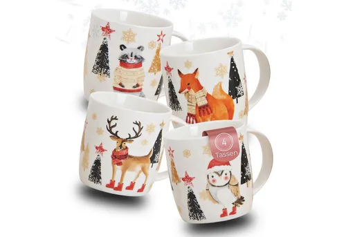 matches21 HOME & HOBBY Tasse Weihnachtstassen 4er Set lustige Winter Tiere, 4-tlg., Porzellan, Schöne 300 ml Porzellan Kaffee-Tassen bunte Weihnachtsmotive