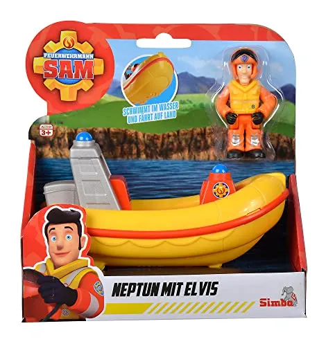 Simba Feuerwehrmann Sam Neptun Boot – Spielset mit Figur, Robustes Spielzeug für Kinder ab 3 Jahren, perfekt für Planschbecken und Badewanne, fährt auch an Land, Geschenkidee