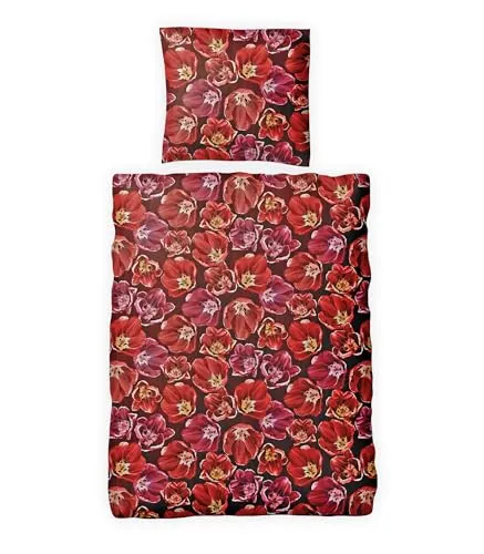 JACK Biber Bettwäsche 2 TLG. 135x200cm Blume Rot Pink Blumenmeer Reißverschluss