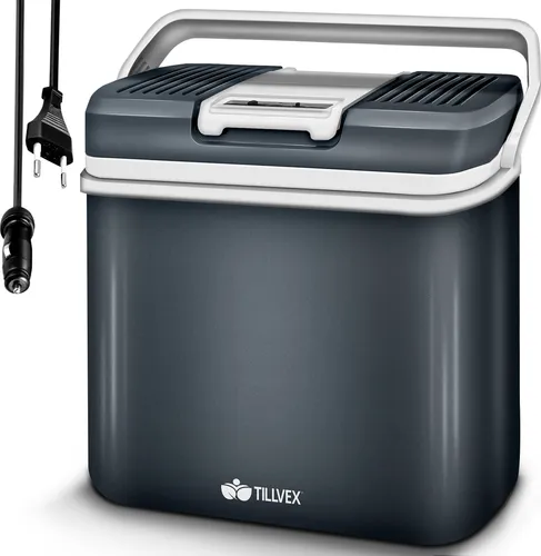 tillvex Kühlbox TVKB24-01 - 24L elektrisch mit Warmhaltemodus - Kühlboxen mit 24 Litern Fassungsvermögen, kühlt bis 18°C unter Umgebungstemperatur und hält Speisen bis 65°C warm. Ideal für Auto und Zuhause, mit ECO-Modus und praktischem Tragegriff.