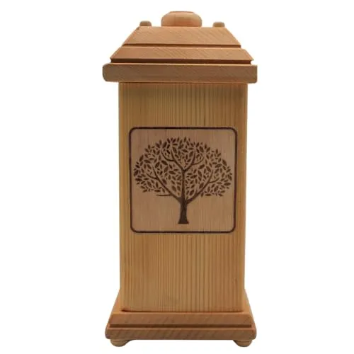 Würdevolle schlichte Tierurne, Urne für Kleintiere, Andenkurne Haustier, Haustierandenken, Aschebox, Andenkbox, Tierurne groß, Urne mit Lebensbaummotiv aus massivem Buchenholz, L/B/H 12 x 12 x 30 cm.