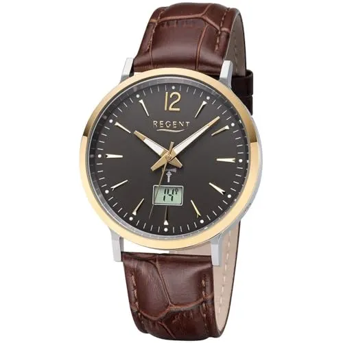 Regent Herren Funkuhr FR-244 - Braun/Silber - Herrenuhr mit elegantem Lederarmband in Braun, präzises Funkwerk und digitale Datum- sowie Sekundenanzeige für optimale Zeitgenauigkeit.