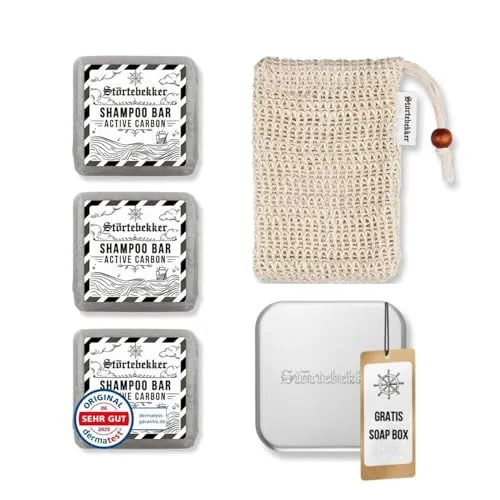 Störtebekker® Premium Duschset - Festes Shampoo Active Carbon (x3) mit GRATIS Aluminium-Seifendose - Erlebe die intensive Reinigung mit unserem handgefertigten festen Shampoo. Ideal für Reisen, praktisch verpackt und perfekt für gepflegtes, leicht kämmbares Haar ohne Plastik.