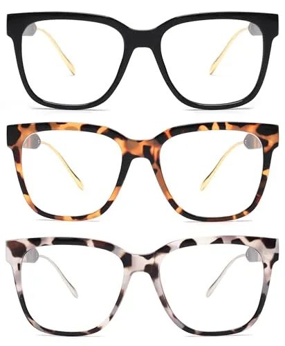 JM 3 Pack Klassische Quadratische Lesebrille für Damen Herren, Mode übergroße Blaulichtfilter Brille mit Sehstärke +1.5