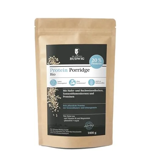 Dr. Budwig Bio Protein Porridge ohne Zucker (1400g) vegan - glutenfrei - reich an Ballaststoffen, Magnesium & Vitamin B1 - Protein Müsli - gesundes Frühstück - Bio Haferflocken, Leinsamen, Buchweizen
