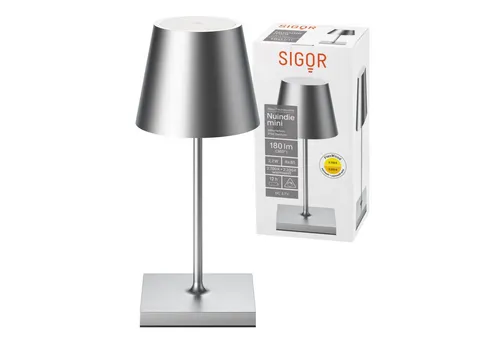 Sigor Akku-Tischleuchte NUINDIE USB-C Mini 250 mm Silber - Tischleuchte mit elegantem Design und IP54-Schutz, ideal für Innen und Außen. Genießen Sie bis zu 12 Stunden warmes Licht und stufenlose Dimmung für jede Stimmung.