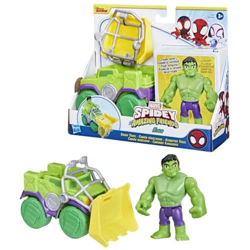 Spidey and His Amazing Friends Hulk Truck Set - Werkzeugzubehör für kleine Superhelden, inklusive 10 cm Hulk-Figur und Truck mit Bulldozer-Zubehör, inspiriert von der Marvel-Vorschulserie, ideal für fantasievolles Spielen ab 3 Jahren.