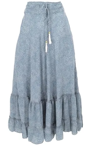 Boho Maxirock - leichter langer Sommerrock in blaugrau - Kategorie: Röcke, fair gehandelt und ideal für den Sommer, mit elastischem Bund für bequemen Sitz und weitem Schnitt.
