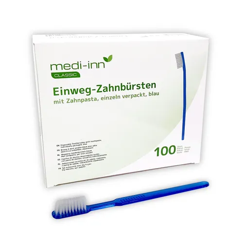 Medi-Inn Einmalzahnbürsten mit Zahnpasta blau - 100 Stück - Praktische Einmalzahnbürsten mit Zahnpasta für unterwegs. Hygienisch verpackt und ideal für Reisen, Restaurants oder Camping. Aktivierung der Zahnpasta durch Wasser sorgt für frischen Komfort überall.