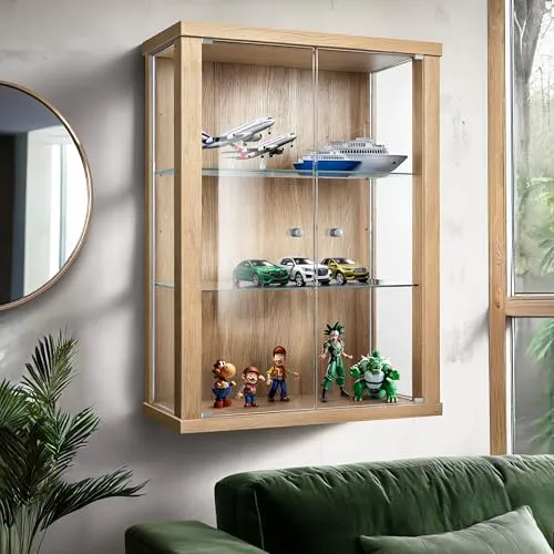 K-Möbel Hängevitrine Glas (80x60x25cm) - Stilvolle Wandvitrine für Ihre Sammlerstücke - Glasvitrine mit 2 höhenverstellbaren ESG-Glasböden, ideal für die stilvolle Präsentation von Sammlungen und vielseitig einsetzbar als Bücherschrank oder Schnapsbar.