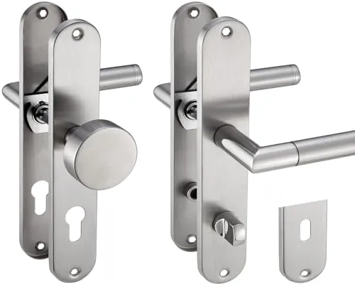 Stahlia Drückergarnitur Langschild Renovierungsgarnitur Edelstahl glanz poliert ELEN | WC - Badezimmer | Türbeschlag Zimmertüren, Eingangstüren für Türstärke 20–47mm | Befestigungsmaterial