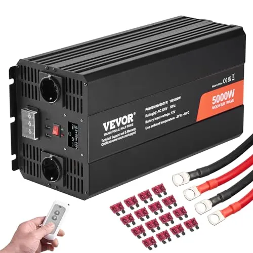 VEVOR Sinus-Wechselrichter 5000 W DC 12 V auf AC 230 V Wechselrichter mit 2 AC-Steckdosen 2 USB-Anschlüssen 1 Typ-C-Anschluss LCD-Display und Fernbedienung für Haushaltsgeräte mit hoher Belastung