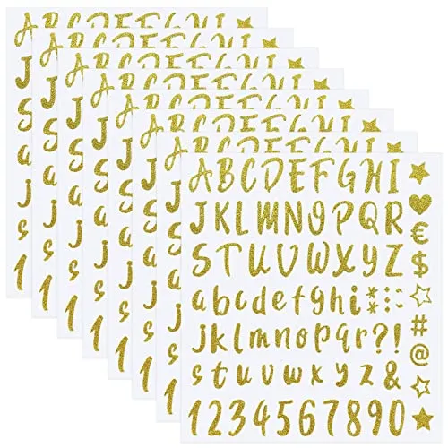 Glitzer Buchstaben Aufkleber, 8 Blätter 640 Stück Alphabet Buchstaben Nummer Aufkleber Wasserdicht Postfach Nummern Aufkleber Selbstklebende Buchstaben Aufkleber für Karten Tür Wand Holz Schild (Gold)