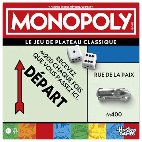 Monopoly classique, jeu de société de plateau, avec boîte de rangement et pions grand format, 2 a 6 joueurs, des 8 ans
