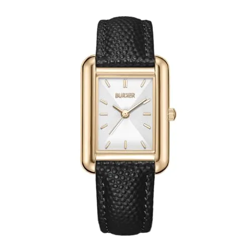 BURKER Damenuhr Olivia, Quadratische Damen Armbanduhr Lederarmband Edelstahl Analog Quarz 3-ATM Wasserdicht - 29 mm - Gold Schwarz Leder