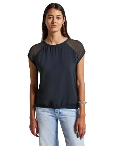 STREET ONE Kurzarmbluse mit Mesh-Details – Elegantes Blusenshirt in Blau, Größe 40 - Bluse in deepwater blue mit dekorativen Mesh-Details an den Schultern, ideal für elegante Anlässe. Pflegeleicht und aus 88% Viskose für angenehmen Tragekomfort.
