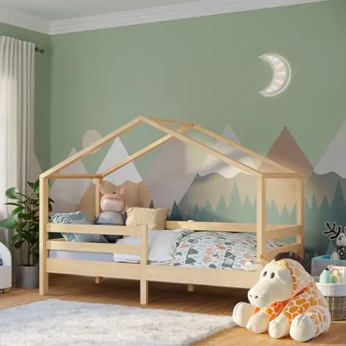 Bellabino Hausbett Abia 90x200 cm mit Rausfallschutz - Abenteuerbett für Kinder, aus massivem Kiefernholz mit sicherem Rausfallschutz und Lattenrost – ideal für gemütliche Nächte und sicheres Spielen.