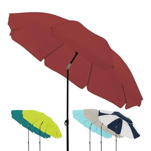derby Sonnenschirm 160 cm in bordeaux – Stylischer Strandschirm mit Mittelmast für Balkon, Garten & Strand - VIELSEITIG EINSETZBAR - Genießen Sie kühlen Schatten mit diesem stabilen Sonnenschirm, ideal für Balkon, Garten oder Strand. EINFACHE HANDHABUNG - Mit praktischem Schieber und Knickgelenk individuell einstellbar. ROBUST UND WETTERFEST - Hochwertige Materialien garantieren Langlebigkeit und zuverlässigen UV-Schutz.