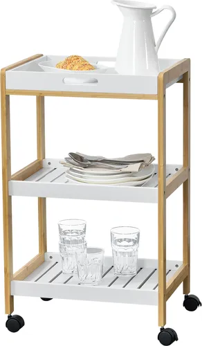 Servierwagen Barwagen mit Ablage Beistellwagen Allzweckwagen Rollwagen weiß/natur [en.casa]