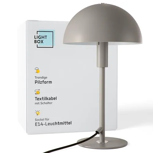 Lightbox Pilz-Tischlampe | 36 cm Höhe | Home Office Schreibtischlampe mit Wipp-Schalter | LED Lampe (E14 Fassung) als Nachttischlampe, Büro & Schreibtisch Zubehör | aus Metall in Taupe/Grau