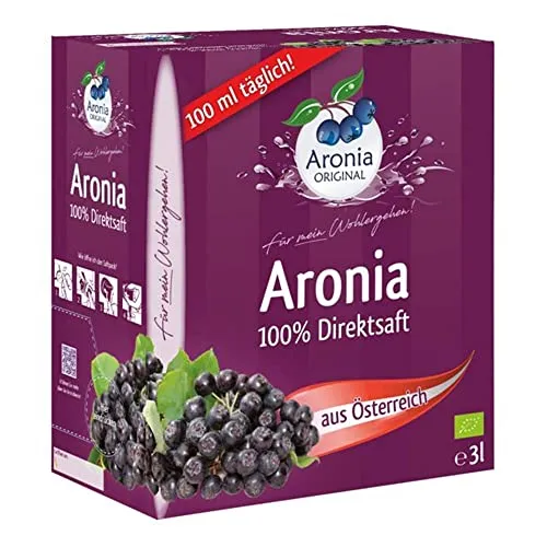 Aronia ORIGINAL Bio Aronia Muttersaft 3L - Bio Direktsaft aus 100% Aroniabeeren, vegan und ohne Zuckerzusatz. Hochwertige Qualität aus erster Pressung, ideal für regelmäßigen Verzehr und lange Haltbarkeit ohne Kühlung.