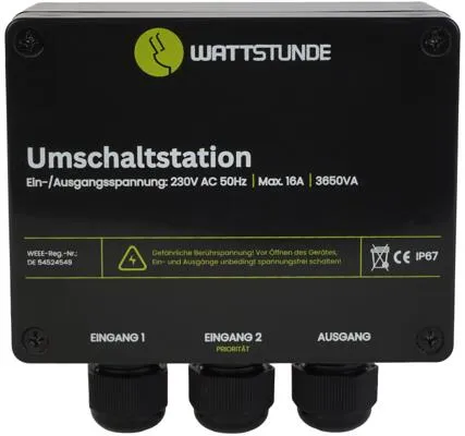 WATTSTUNDE® NVS Umschaltstation 16A - Solarenergie-Zubehör mit zuverlässiger Automatikumschaltung und Schutzklasse IP 55 für optimale Spannungspriorisierung.