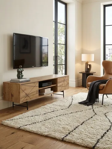 Lowboard Holz Eiche-Nachbildung 160x45 cm - Modernes Design für Ihr Wohnzimmer - TV-Kommode mit zwei Türen und viel Stauraum, geeignet für TVs bis 70 Zoll. Das elegante Linienmuster und die Kabeldurchlässe sorgen für Ordnung und Stil.