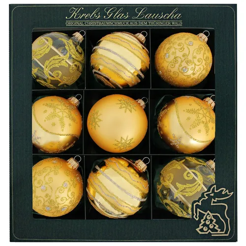 Klar/Satin-Gold Glaskugelsortiment 8cm - 5 Designs - Weihnachtsbaumkugeln, mundgeblasen und handbemalt, bringen festlichen Glanz in Ihr Zuhause. Ideal für Weihnachtsbaum und Dekoration, reflektieren sie das Licht und setzen strahlende Akzente.