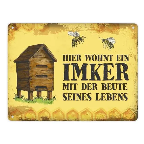 Metallschild XL mit Beute Motiv und Spruch: Hier wohnt ein Imker mit der Beute seines Lebens