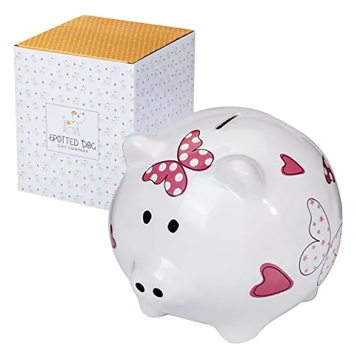 SPOTTED DOG GIFT COMPANY Sparschwein aus Keramik, Groß Spardose Kinder mit Schweinmotiv für Mädchen Erwachsene, Niedliche Sparbüchse, Geschenke für Tierliebhaber, Herzen
