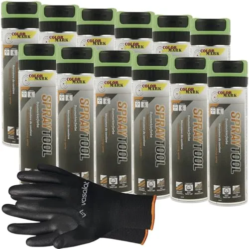 vasalat Markierungsspray Leuchtfarben SET - 12 Dosen Neongrün - Zubehör für Landwirtschaft: Hochwertiges Markierungsspray mit innovativem Kippventil für präzise Markierungen, ideal für verschiedene Untergründe und 6-9 Monate lang sichtbar.