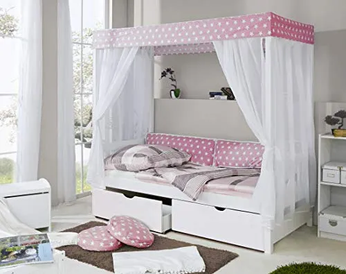 TiCAA Himmelbett Rosa 310 Kiefer Weiß - Betten aus massivem Kiefernholz, inklusive passendem Tüll und abnehmbarem Vorhang, ideal für ein gemütliches Kinderzimmer.