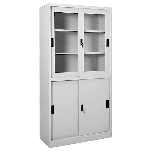 vidaXL Büroschrank mit Schiebetür Hellgrau 90x40x180 cm - Büroschrank aus robustem Stahl mit gehärtetem Glas, 3 einstellbaren Böden und Schlössern für sichere Aufbewahrung. Ideal für Ordnung im Arbeitsbereich!