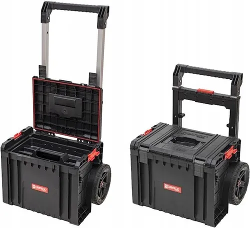 Qbrick System PRO Cart 2.0 Plus - Stapelbarer Werkzeugwagen - Werkstatteinrichtung mit 29 l Volumen, IP54 Schutz und abnehmbarem Doppelteleskopgriff für maximale Flexibilität und einfache Handhabung.