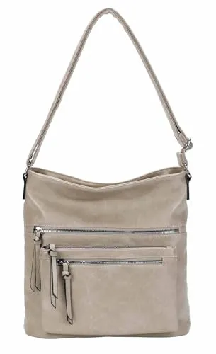 Damen Tasche Umhängetasche Crossbody Shopper Schultertasche Hobo Bag Beuteltasche Crossover Handtasche City Bag Henkeltasche Reise Leder Optik Helltaupe