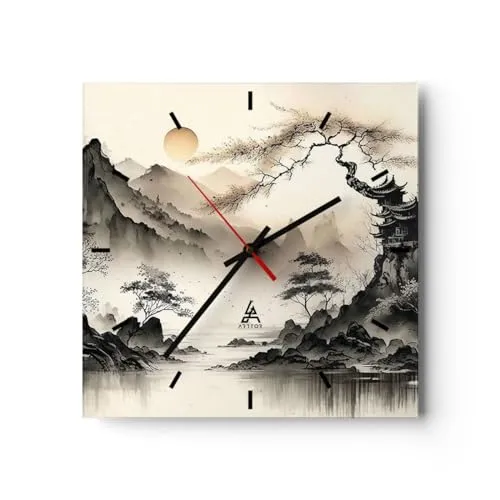 ARTTOR Modern Wanduhr Asien Japan Sicht 30x30cm Quadrat Klein Wand Uhr Glas Analog Zimmeruhren Küche Büro Wohnzimmer Glasuhr Wall Clock Dekoration Design Wanddekoration Küchenuhr C3AC30x30-5777