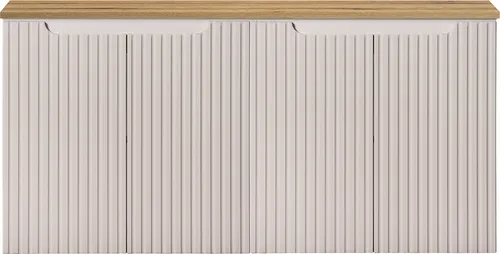Lomadox Waschbeckenschrank NEWPORT-56-CASHMERE - Eleganter Waschtischunterschrank in Kaschmir und Eiche mit gerillter Front, ideal für kleine Badezimmer dank seiner kompakten Größe und praktischen Softclose-Türen.
