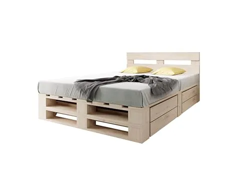 Lermowood Palettenbett M2 aus Holz 140 x 200 cm Natur mit Kopfteil und 2 Bettkästen Holzbett 40cm Stabiles Seniorenbett Kinderbett Jugendbett Gästebett erhöhtes Bettgestell Futon Komforthöhe Naturholz