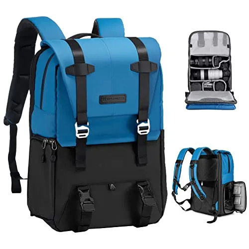 K&F CONCEPT Kamerarucksack 20L, Große Camera Backpack 15,6 Zoll Laptopfach, Spritzwassergeschutzt Fotorucksack mit Regenschutz, Kameratasche Groß für DSLR SLR (Blau)