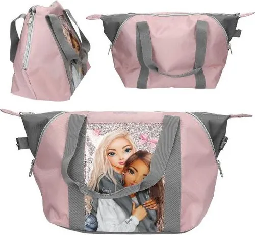 Depesche 13321 TOPModel My BFF Sporttasche - Rosa und Grau mit Glitzer - Damen-Schultertasche für Mädchen im Freizeitlook, mit verstellbarer Form für mehr Platz. Stylisches Design mit Model Motiv und coolen Extras.