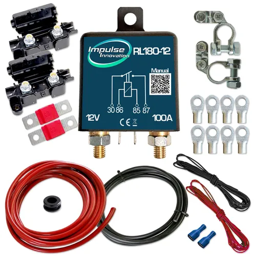Trennrelais 12V Set RL180 für Camper - Komplettes Einbauset für Zweitbatterien mit 5 Meter Kabel. Zuverlässiges Schließer Relais (NO) und 50A Sicherung für sichere Stromversorgung unterwegs.
