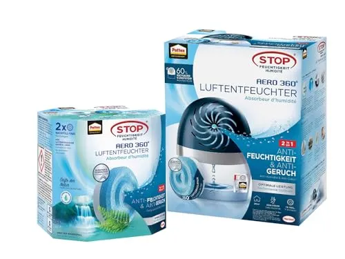 Pattex AERO 360º Luftentfeuchter, nachfüllbarer Raumentfeuchter, 1 Gerät inkl. 1 Nachfülltab (450g) & Pattex AERO 360° Frischer Wasserfall Tabs Nachfüllpack, 2er-Pack (2x450g)