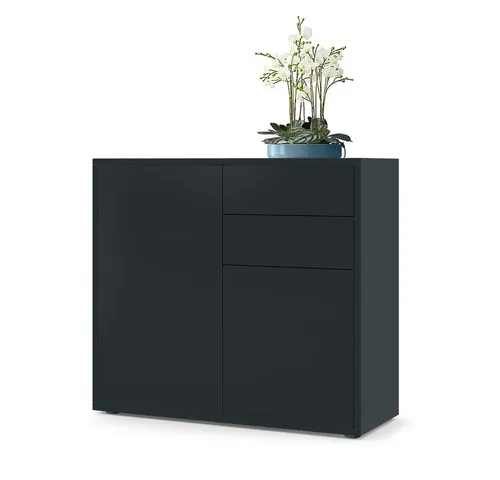 Vladon Kommode Ben V1 - Moderne Kommode mit 2 Türen und 2 Schubladen - Kommode in Schwarz matt, ideal für Wohnzimmer oder Schlafzimmer, mit geräuschlosen Schubladen und pflegeleichter Oberfläche für einfache Reinigung.