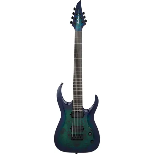 Jackson Pro Plus Series Signature Misha Mansoor Juggernaut HT7 E-Gitarre - 7-saitige E-Gitarre mit Linde-Korpus und Maserpappel-Decke, ideal für moderne Metal-Genres. Hohe Spielbarkeit dank 24 Jumbo-Edelstahlbünde und Push/Pull-Funktion für klangliche Flexibilität.