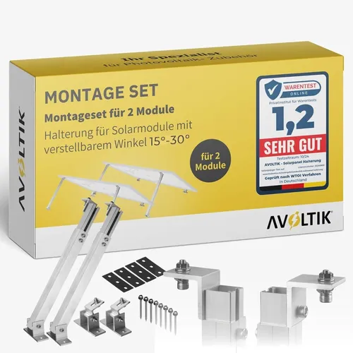 Avoltik Solarmodul-Halterung Alu für PV-Anlagen 15°-30° - Robuste Alu-Halterung für Solarmodule, ideal für Flachdächer, Wände und Balkone. Verstellbar von 15°-30° für optimale Sonneneinstrahlung. Inklusive Montagezubehör und Anleitung.