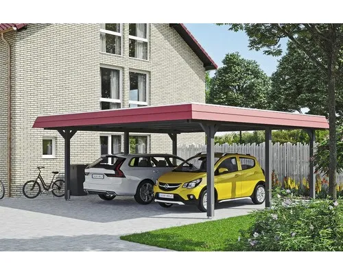Skanholz Doppelcarport Wendland mit Aluminiumdach - Robustes Flachdach-Carport aus hochwertigem Leimholz (BSH-Fichte) mit bruchsicheren Aluminium-Dachplatten, ideal für stabilen Schutz Ihres Fahrzeugs.